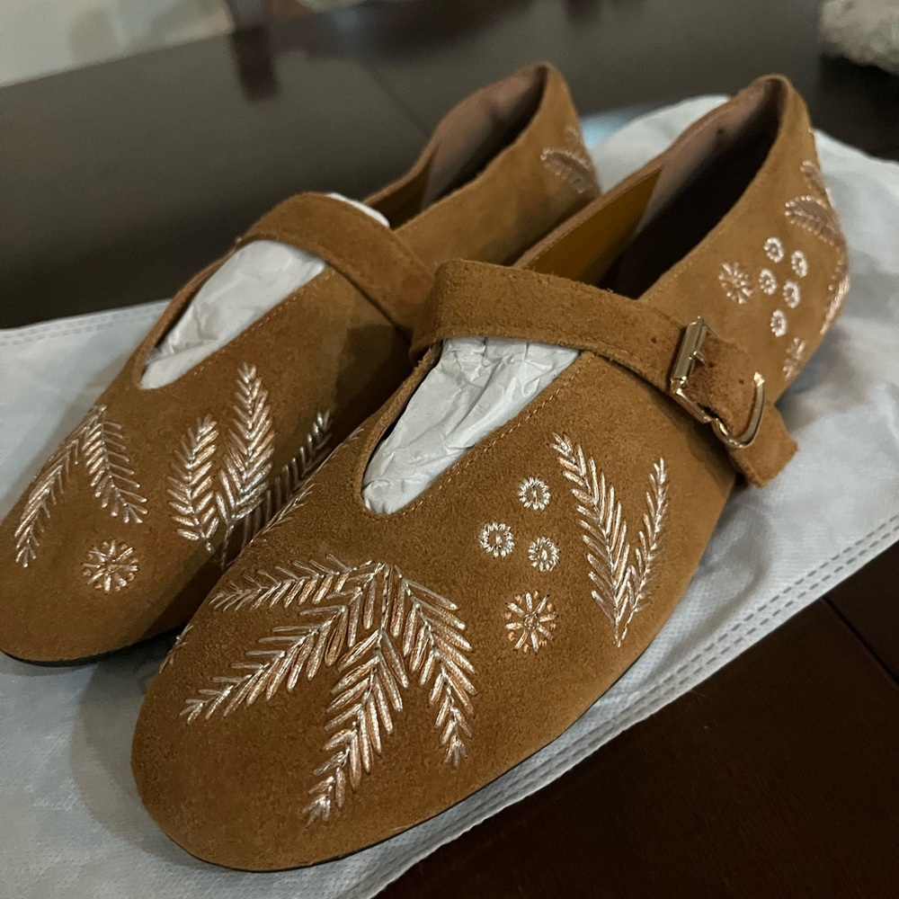 Arezzo Real Suede Leather- Embroidered Brown Women's Flats size 39 Brazil (9 USA